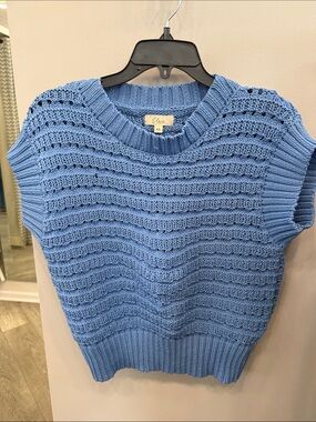 Elan Light Blue Open-Stitch Knit Short-Sleeve Sweater